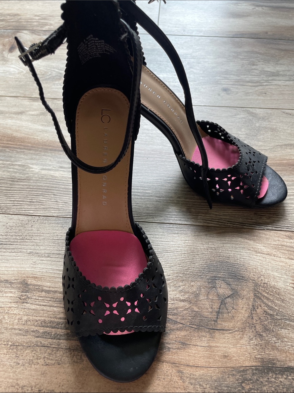 LC Lauren Conrad Black Laser-Cut Ankle-Strap Heels with Pink Insole